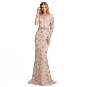Mac Duggal Pink and Cream Long Sleeve Dress